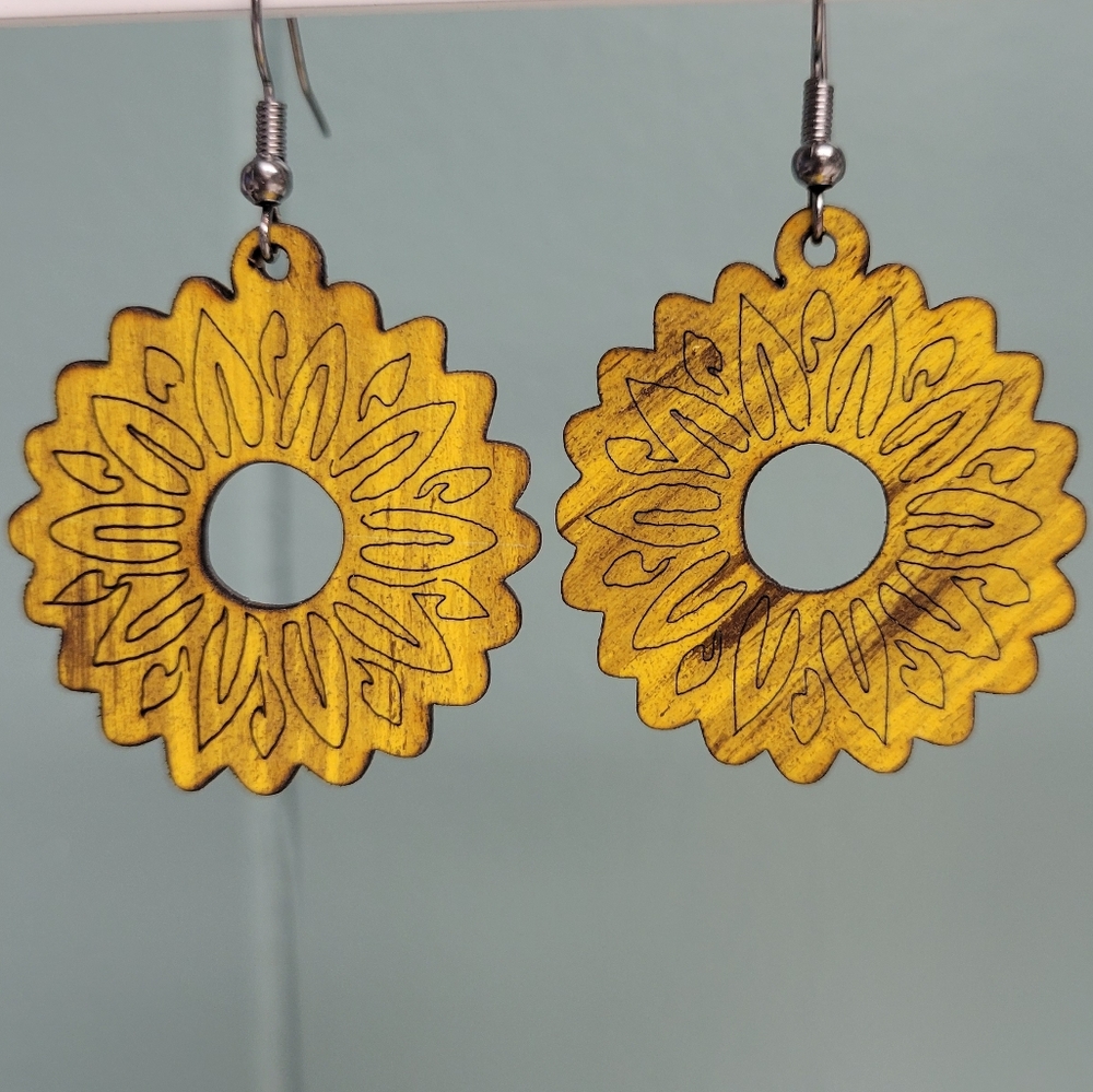Laser-cut wooden sunflower drop earrings